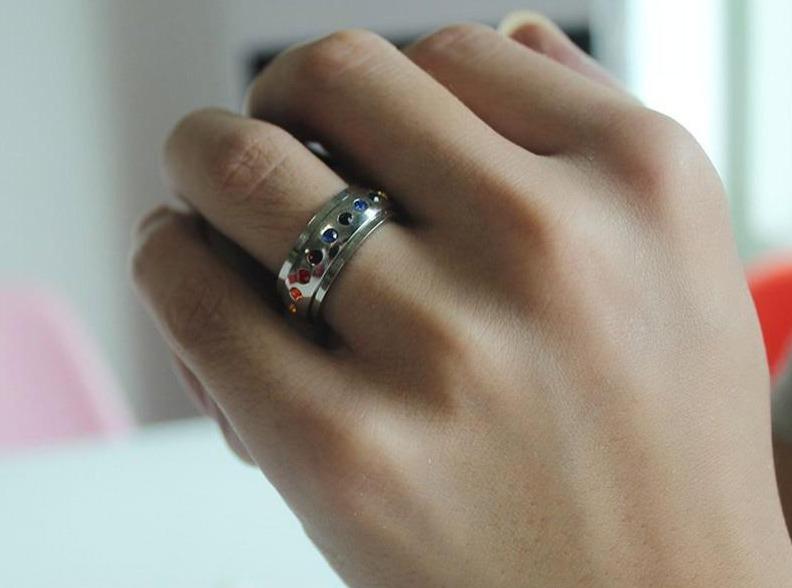 8mm Colorful CZ Stones Rotating Spinner Stainless Steel Unisex Ring - Promise Rings