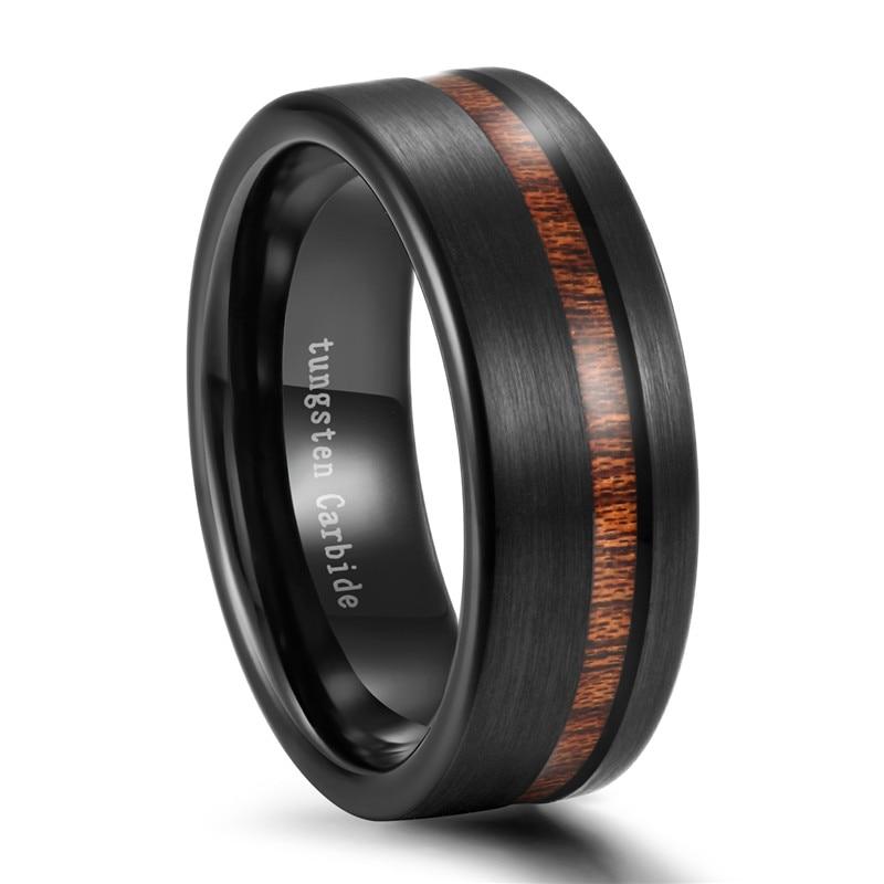 8mm Wood Inlay Black Tungsten Mens Ring - Promise Rings