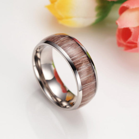 8mm Wood Inlay Design Dome Titanium Mens Ring - Promise Rings