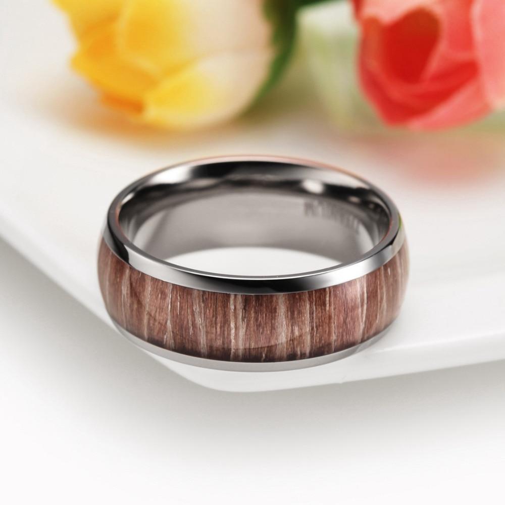 8mm Wood Inlay Design Dome Titanium Mens Ring - Promise Rings