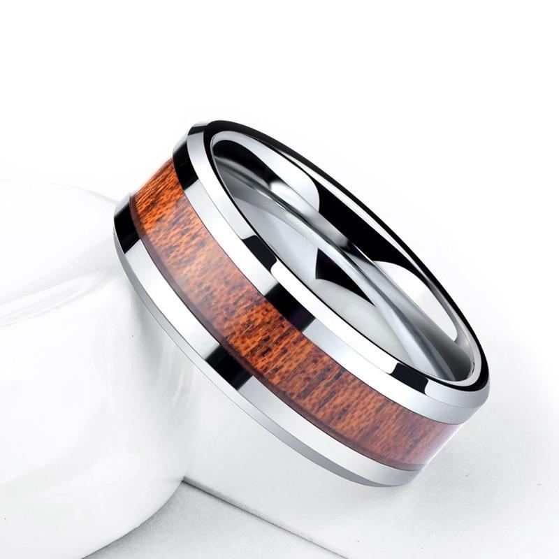 8mm Wood Inlay Tungsten Silver Mens Ring - Promise Rings