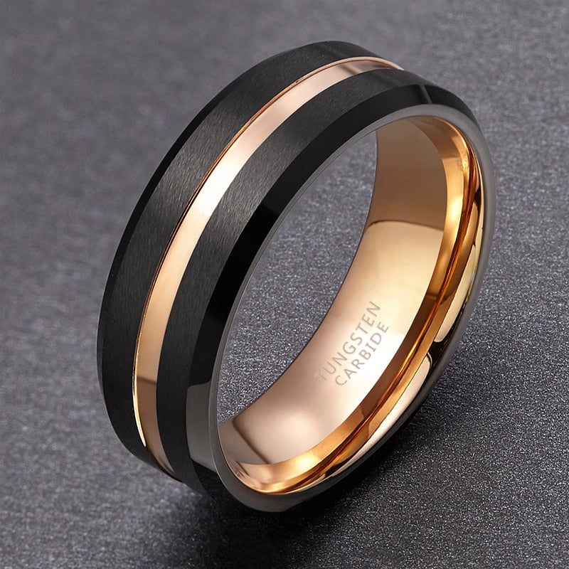 8mm or 6mm Luxury Black & Rose Gold Line Tungsten Mens Ring - Promise Rings