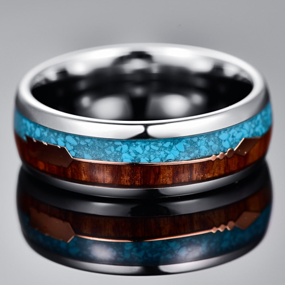 9mm Crushed Blue Opal & Wood Tungsten Men's Ring - Promise Rings