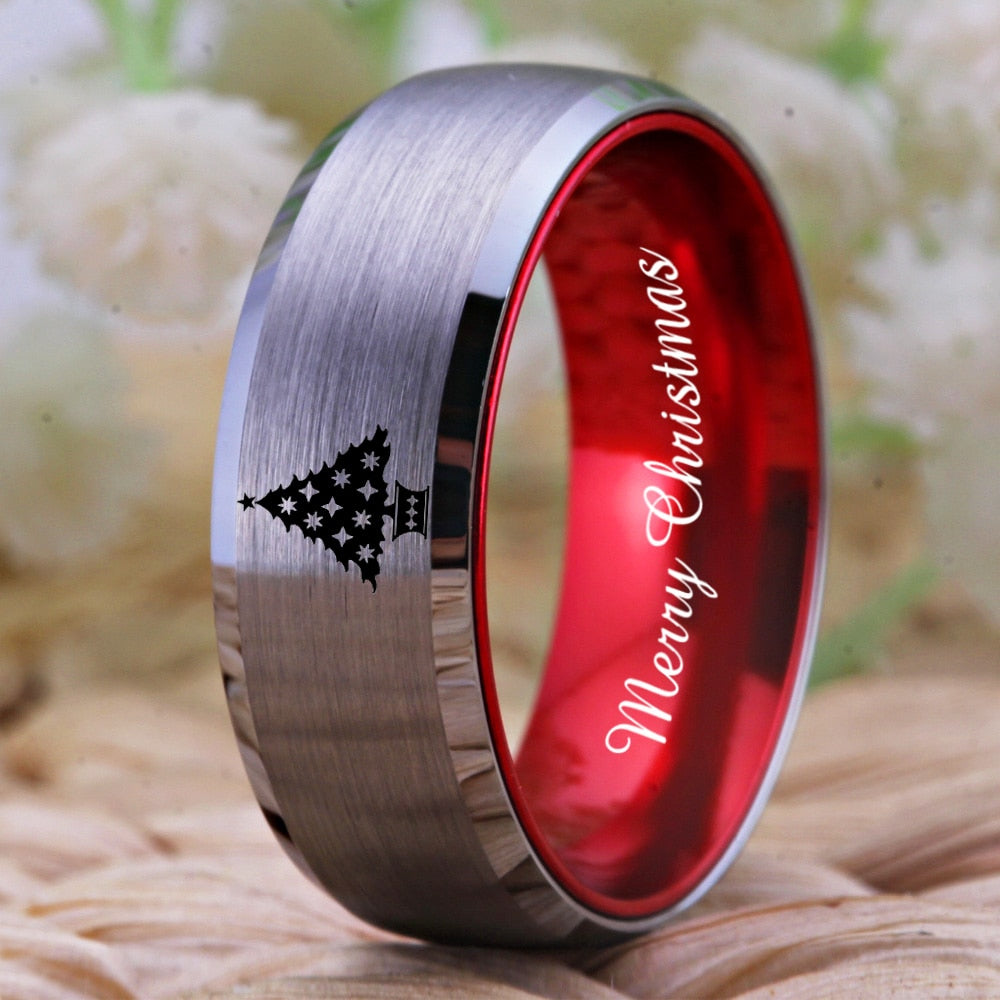 Christmas Tree With Merry Christmas Engraving Tungsten Unisex Ring (Green or Red Colors) - Promise Rings