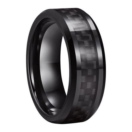 8mm Carbon Fibre Inlay Beveled Edges Black Tungsten Men's Ring