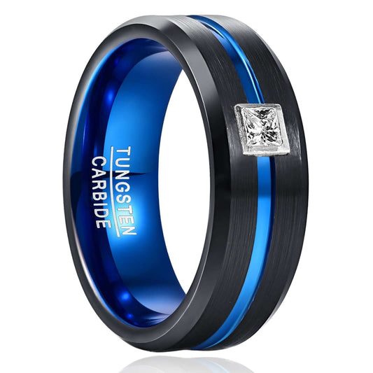 0.3ct Square Real Diamond Black & Blue Tungsten Men's Ring