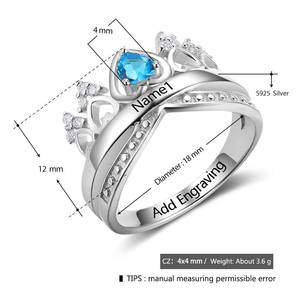 Heart Crown 925 Sterling Silver + 1 Birthstone & 2 Engravings - Promise Rings