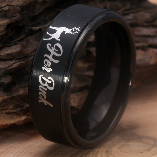 6mm & 8mm Her Buck & His Doe Deer Black Tungsten Couple Rings - Promise Rings