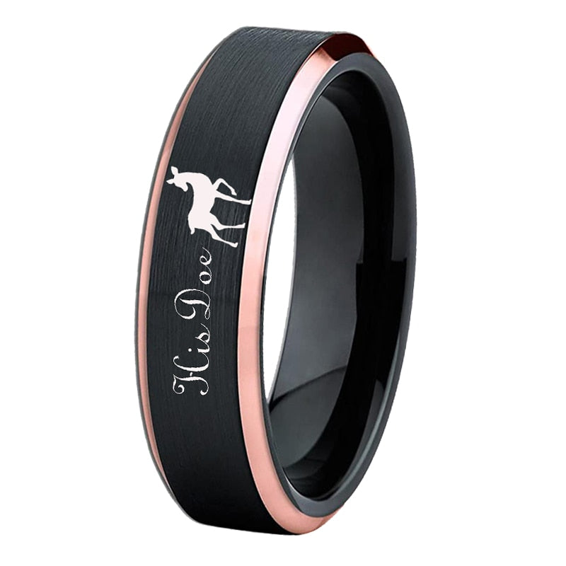 Her Buck & His Doe With Rose Gold & Black Tungsten Unisex Rings - Promise Rings