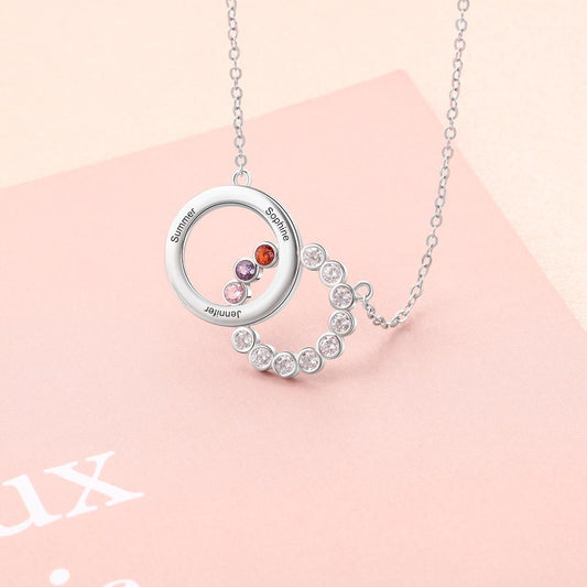 Interlocking Circles 925 Sterling Silver Necklace - 3 Engravings + 3 Birthstones - Necklaces