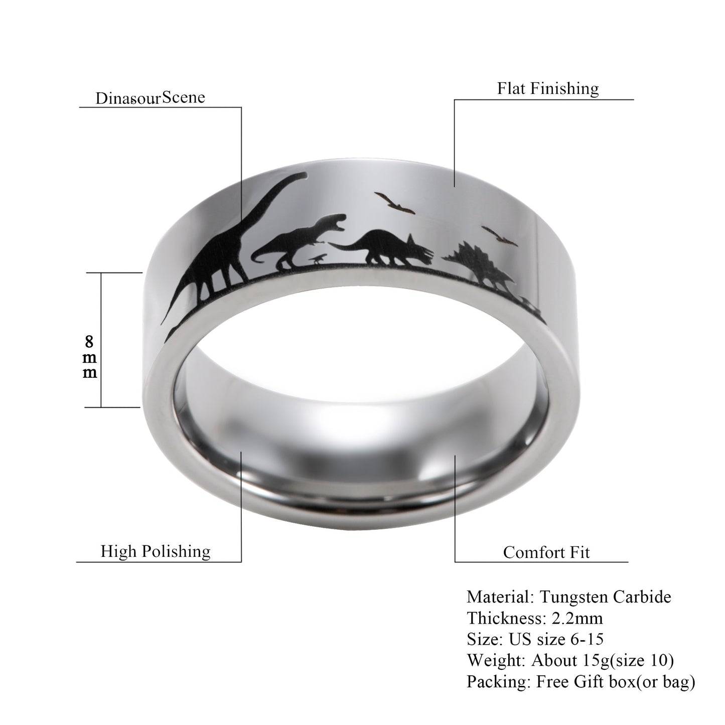 Jurassic Dinosaurs Palaeontologist Silver Tungsten Men's Ring - Promise Rings