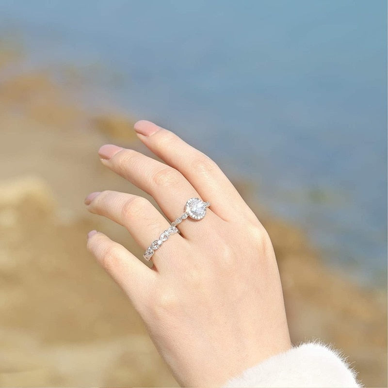 Oval Cubic Zirconia Halo 925 Sterling Silver Women's Ring - Promise Rings