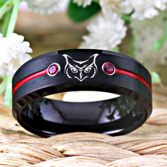 8mm Owl Bird Design Black Tungsten Ring – Red, Blue, or White Stones (Unisex) - Promise Rings