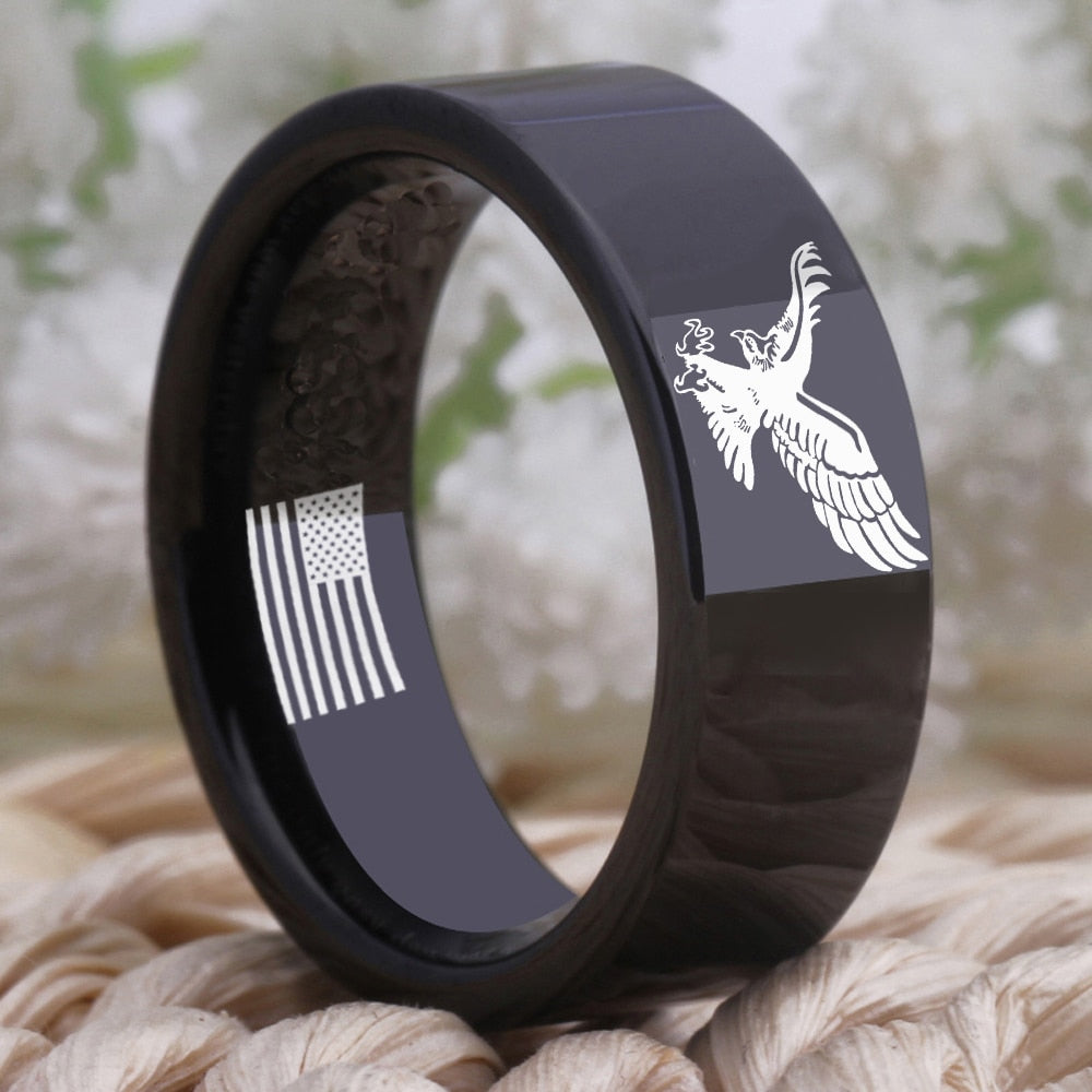 Patriotic American Eagle With USA Flag Tungsten Black Unisex Ring - Promise Rings
