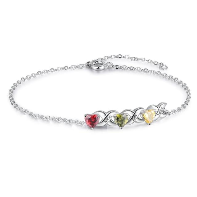 Personalized Hearts Birthstone Womens Bracelet - 2 to 7 Engravings & Birthstones - Bracelets