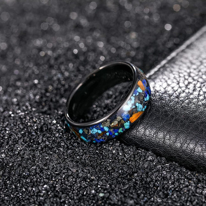 8mm Galaxy Imitation Opal, Natural Turquoise & Tiger Eye Stones Tungsten Men's Ring