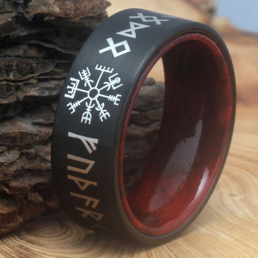 8mm Viking Compass Runic Letter Rose Wood & Black Tungsten Men's Ring