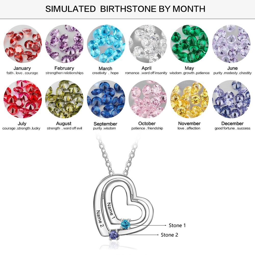 Hearts 925 Sterling Silver Women's Necklace - 2 Birthstones + 2 Engravings