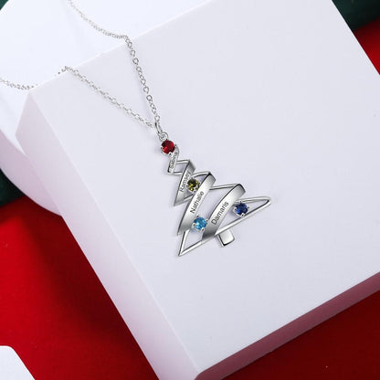 Personalized Christmas Tree Necklace - 1 to 4 Birthstones & Engravings