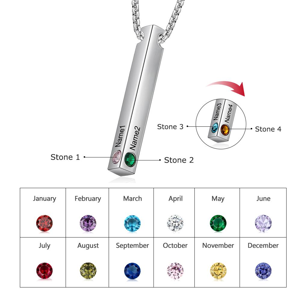Personalized Engraved Name Bar Necklace - 1 to 4 Names & Birthstones (optional)
