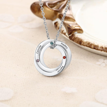 Personalized Intertwined Circle Necklace - 3 Birthstones + 3 Engravings