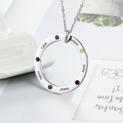 Personalized Names Circle Necklace - 5 Birthstones + 5 Engravings