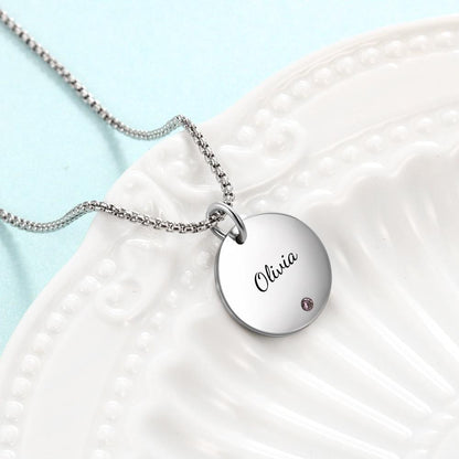 Personalized Round Pendant Necklace - 1 Engraving & 1 Birthstone