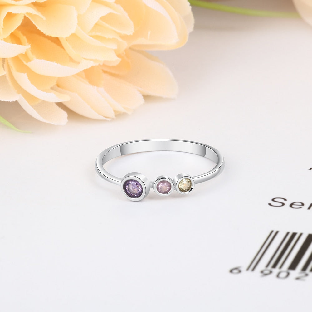 Personalized Round Birthstones 925 Sterling Silver Womens Ring - 3 or 5 Birthstones