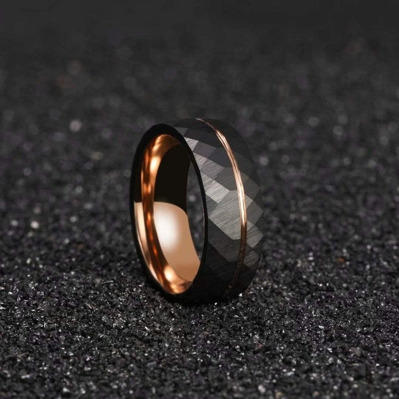 4mm, 6mm, 8mm Rose Gold & Black Hammered Tungsten Ring