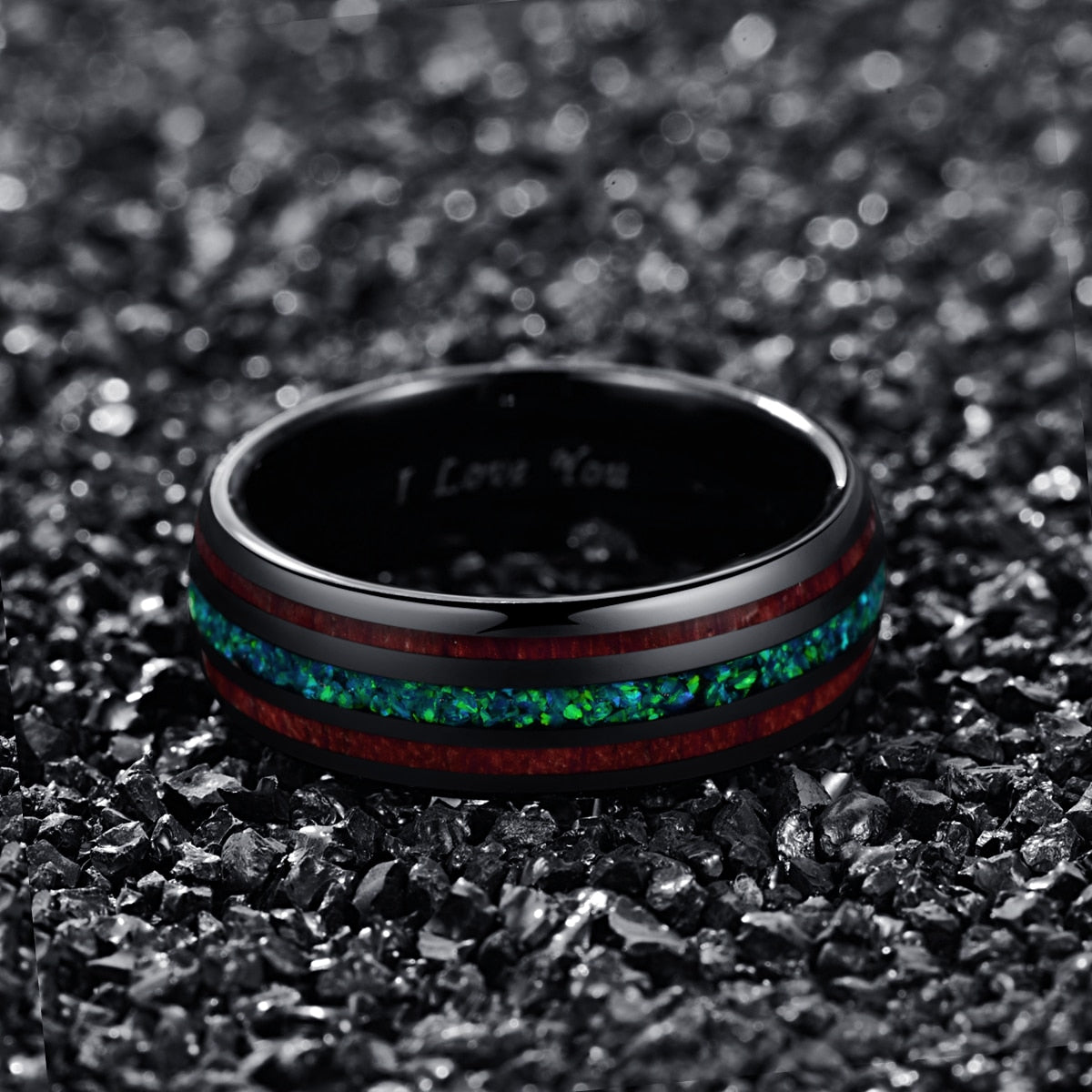 8mm Natural Koa Wood & Green Opal Tungsten Unisex Ring
