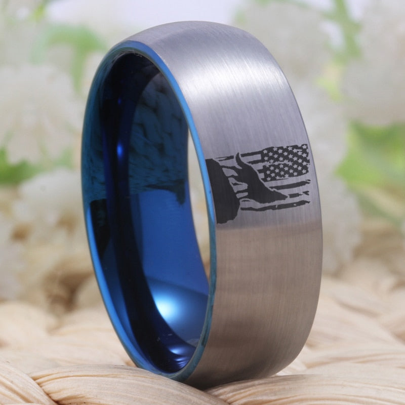 American Flag & Howling Wolf USA Patriotic Tungsten Mens Ring