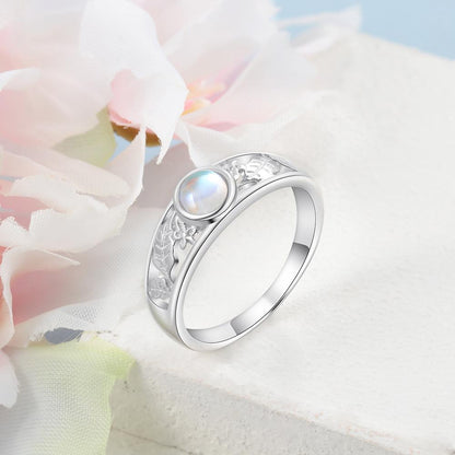 Round Moonstone With Leaf Design 925 Sterling Silver Womens Ring