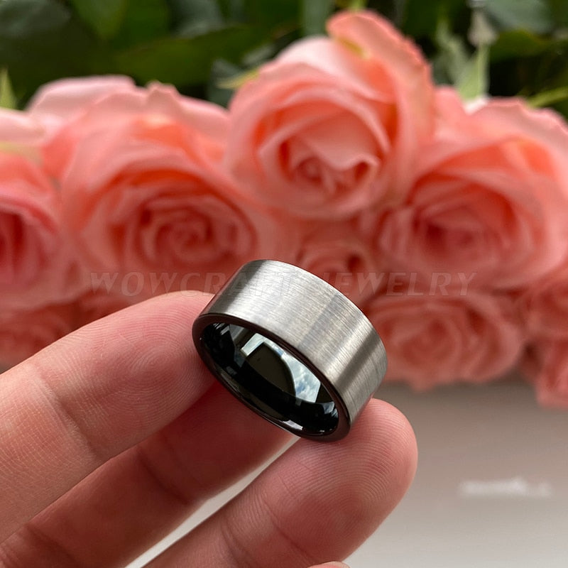10mm Silver Matte Brushed & Black Tungsten Men's Ring - Promise Rings