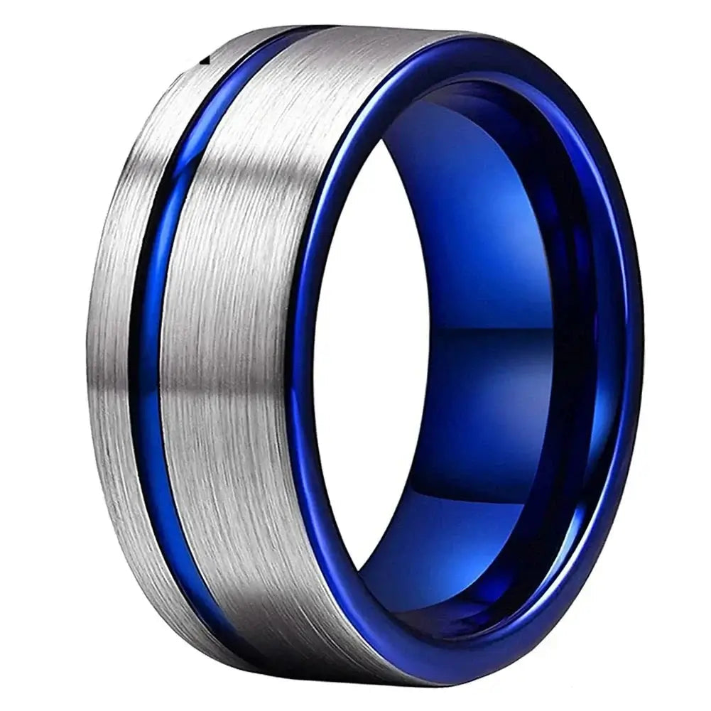 10mm Tungsten Wide Offset Groove Ring – Bold Blue Accent for Confident Expression (Men’s) - Promise Rings