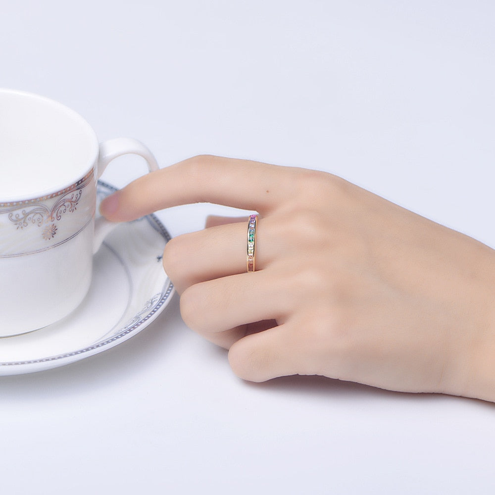 3mm Gold-Tone Rainbow Zircon Ring – Colorful Pride & Joy Band (Women’s) - Promise Rings