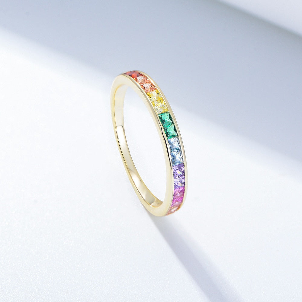 3mm Gold-Tone Rainbow Zircon Ring – Colorful Pride & Joy Band (Women’s) - Promise Rings