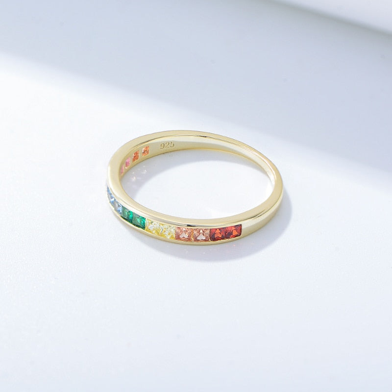 3mm Gold-Tone Rainbow Zircon Ring – Colorful Pride & Joy Band (Women’s) - Promise Rings