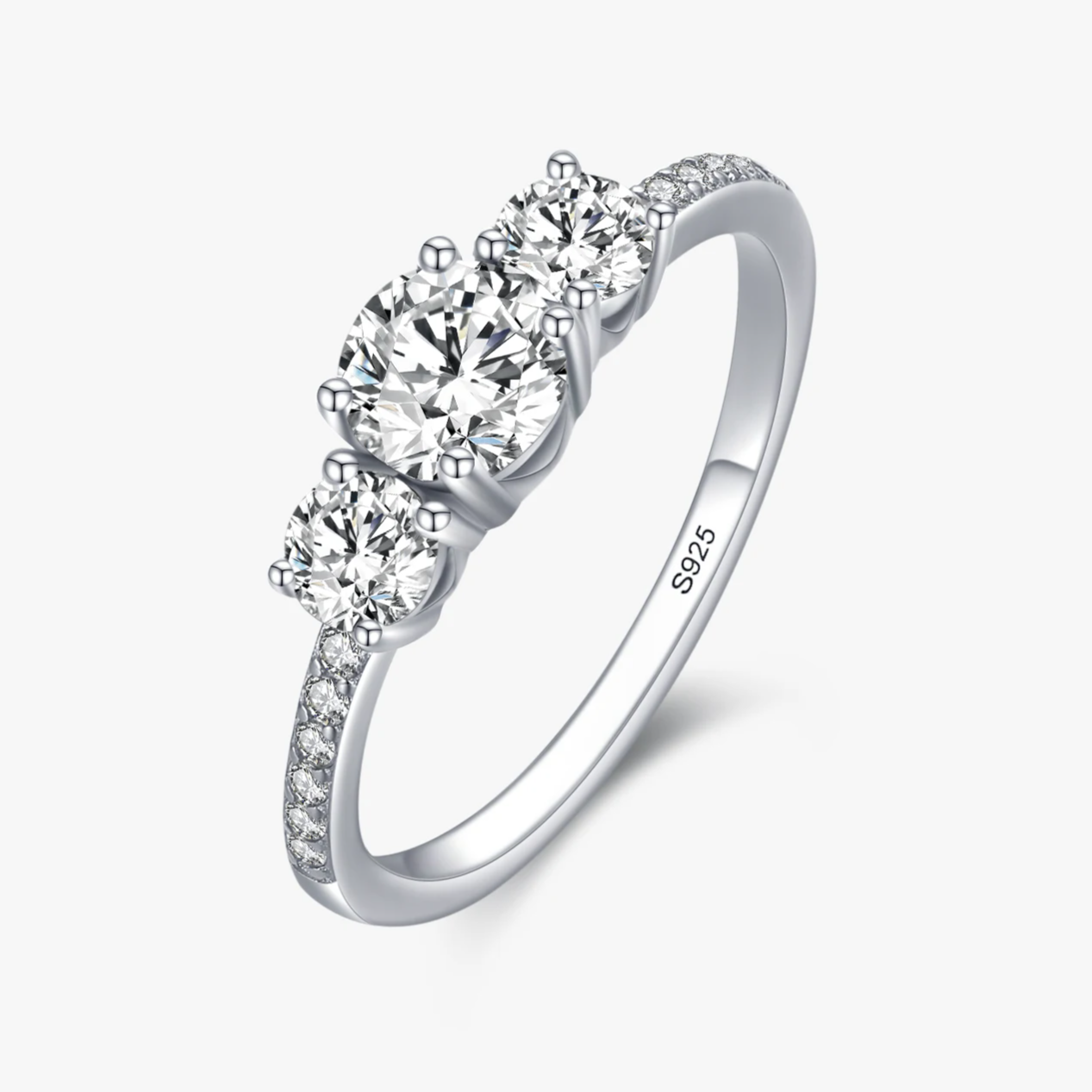Women's 925 Sterling Silver Three-Stone Round Zirconia Ring - Trilogy Engagement & Wedding Ring