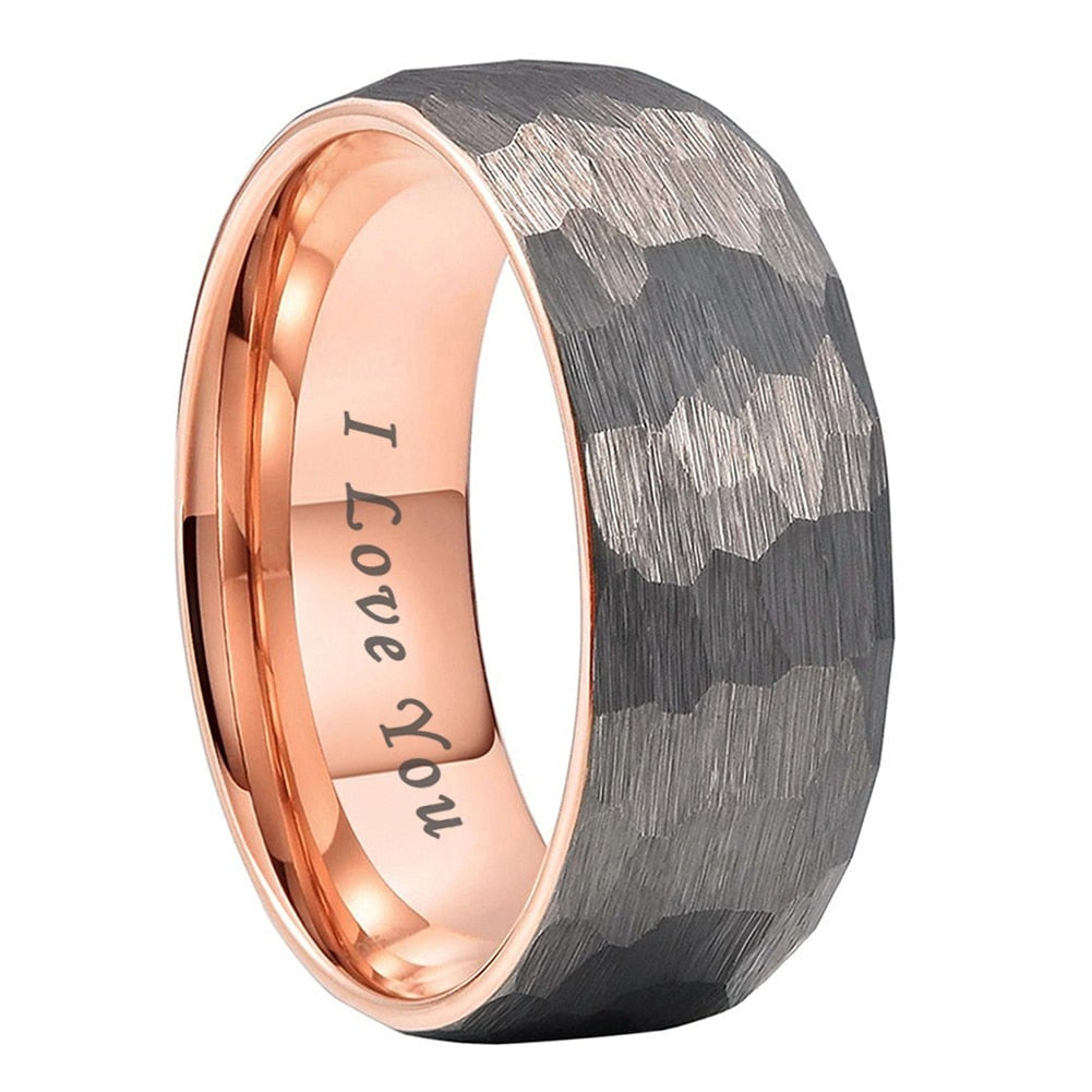 4mm, 6mm, 8mm I Love You Engraved Hammered Rose Gold Tungsten Unisex Ring - Promise Rings