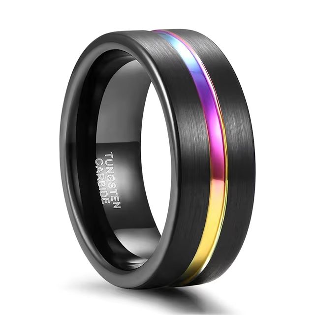 5mm, 7mm, 9mm Rainbow Groove & Full Black Tungsten Unisex Ring - Promise Rings