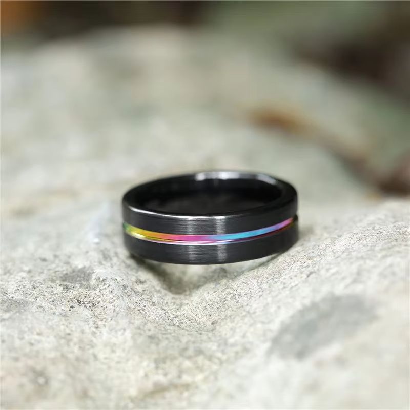 5mm, 7mm, 9mm Rainbow Groove & Full Black Tungsten Unisex Ring - Promise Rings
