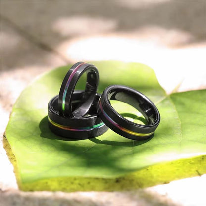 5mm, 7mm, 9mm Rainbow Groove & Full Black Tungsten Unisex Ring - Promise Rings