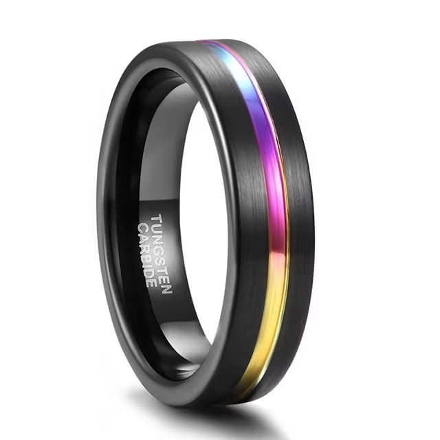 5mm, 7mm, 9mm Rainbow Groove & Full Black Tungsten Unisex Ring - Promise Rings
