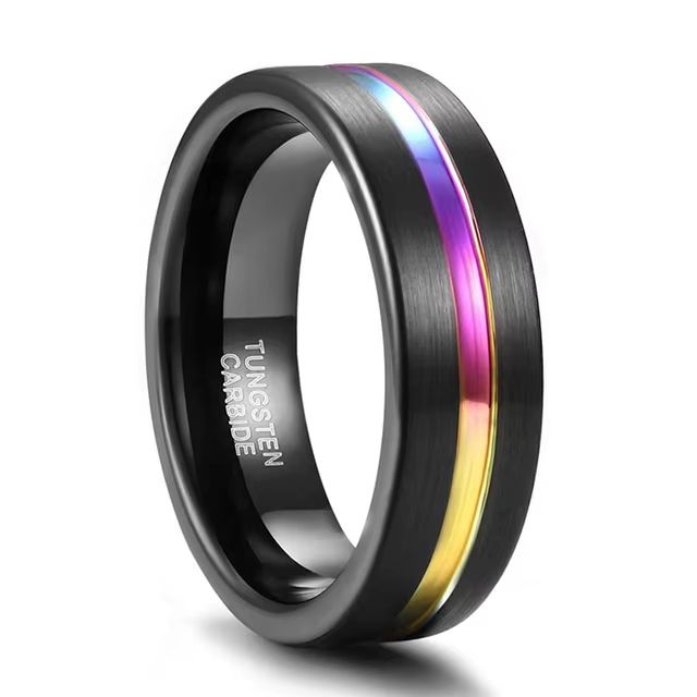 5mm, 7mm, 9mm Rainbow Groove & Full Black Tungsten Unisex Ring - Promise Rings