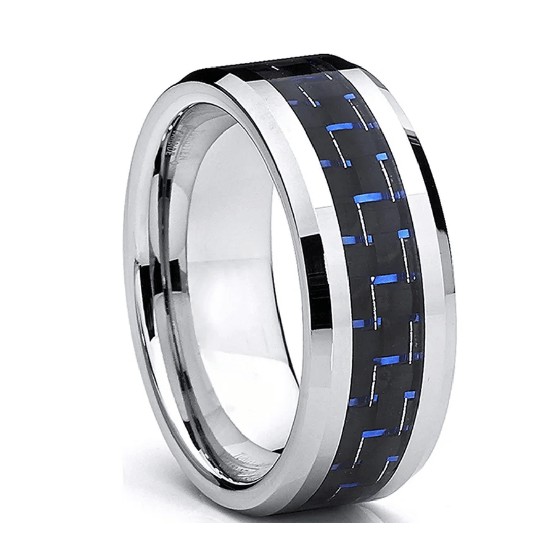 6mm, 8mm Black & Blue Carbon Fiber Inlay Tungsten Unisex Ring - Promise Rings