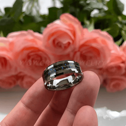 6mm, 8mm Black & Blue Carbon Fiber Inlay Tungsten Unisex Ring - Promise Rings