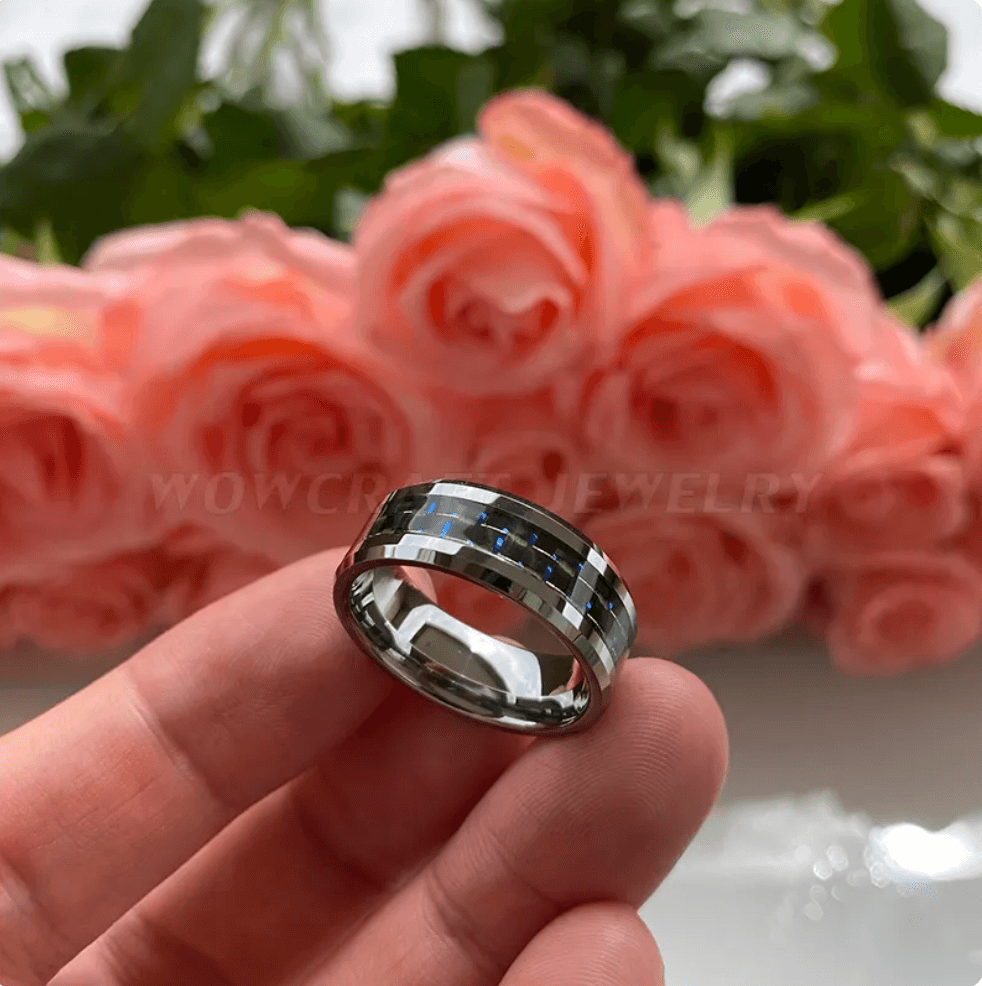 6mm, 8mm Black & Blue Carbon Fiber Inlay Tungsten Unisex Ring - Promise Rings