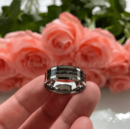 6mm, 8mm Black & Blue Carbon Fiber Inlay Tungsten Unisex Ring - Promise Rings