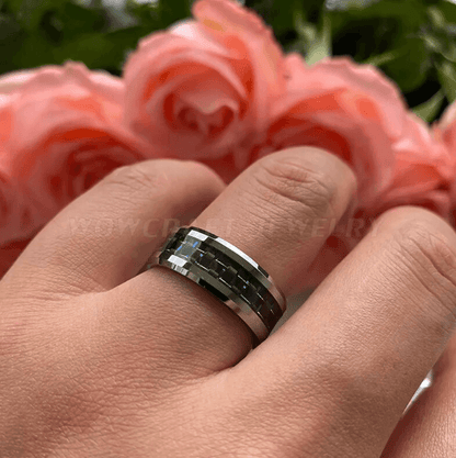 6mm, 8mm Black & Blue Carbon Fiber Inlay Tungsten Unisex Ring - Promise Rings