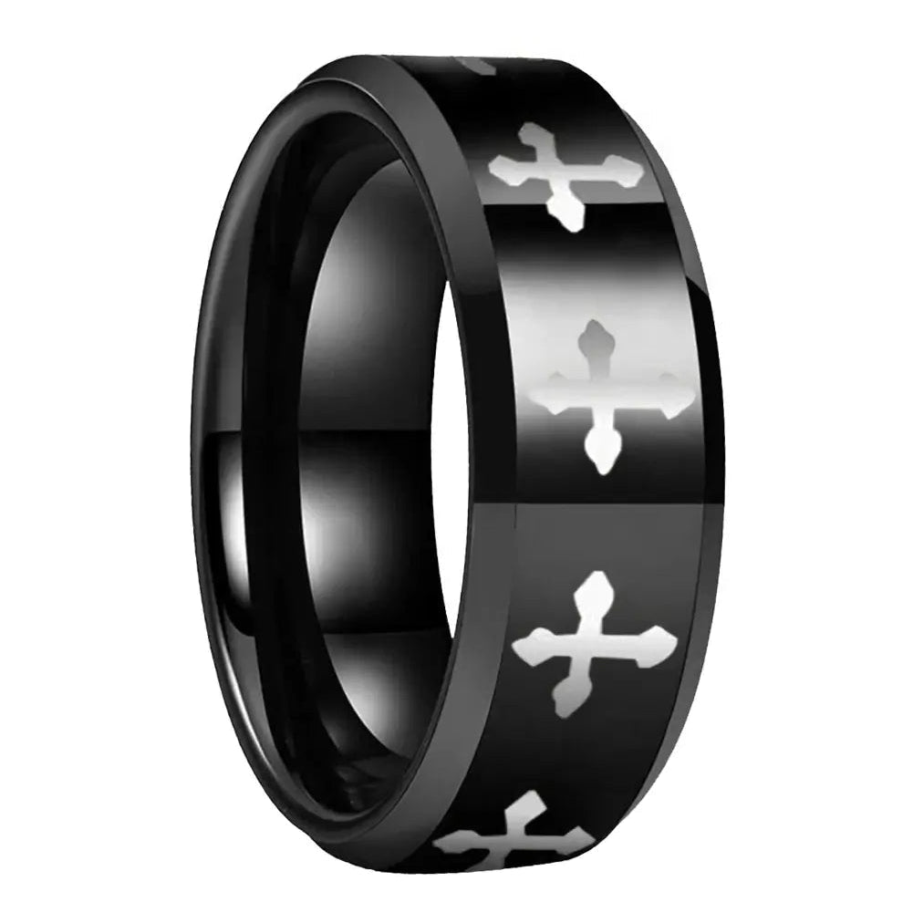 6mm & 8mm Black Tungsten Cross Pattern Ring – Strength and Faith Symbolism (Unisex) - Promise Rings